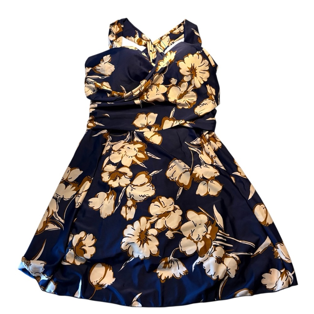 BALLEWEI NWT Floral Blue/Tan Swim-Dress in Size 5x -- Actual size is a 18W - Picture 2 of 9